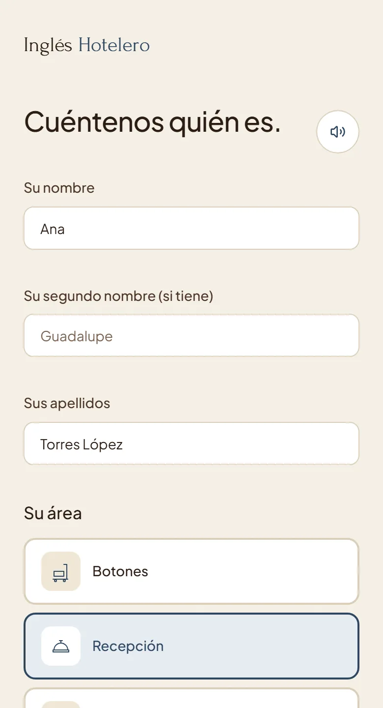 Entry screen with hotel code, name, department and position