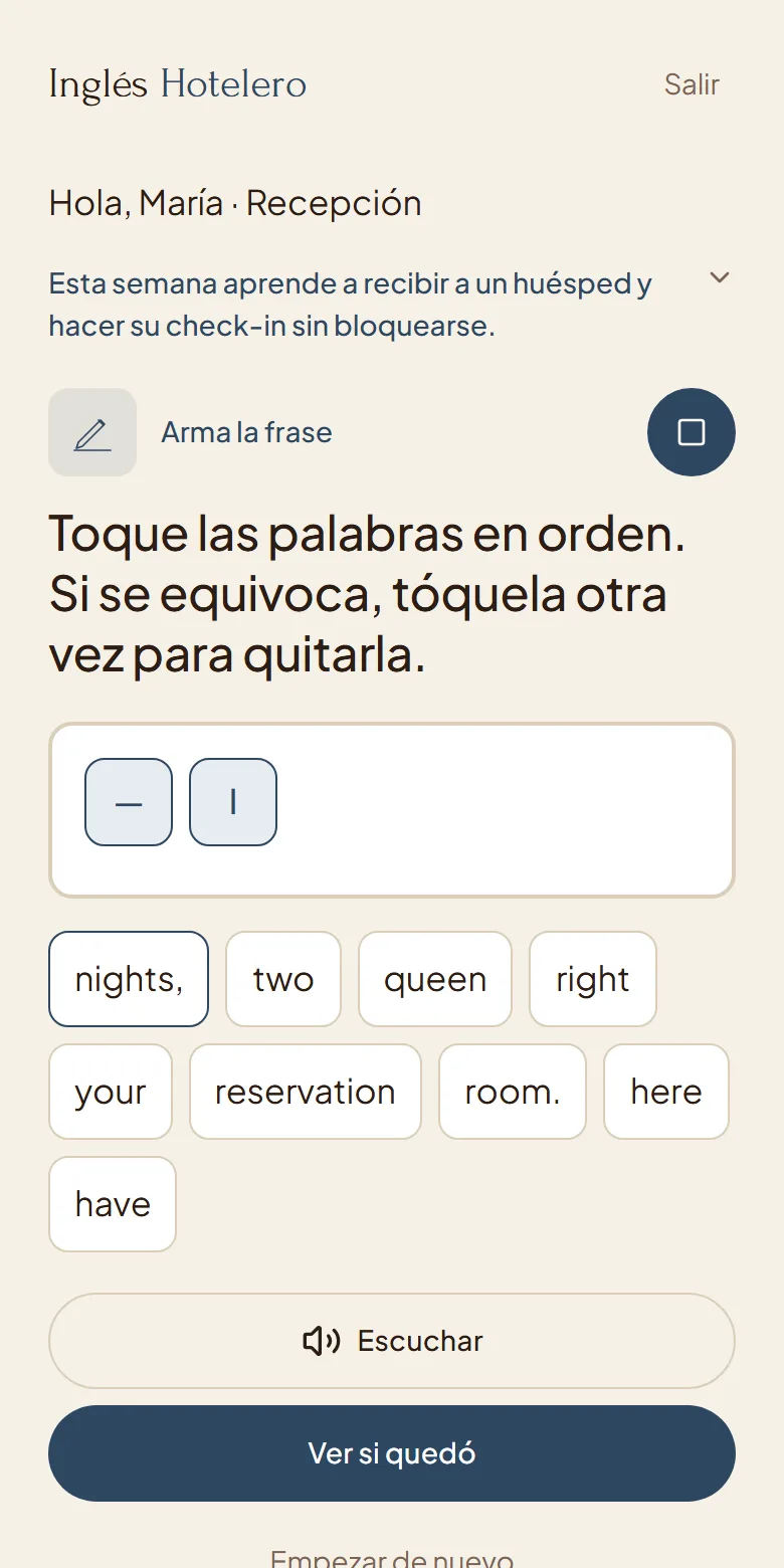 The sentence as word tiles, to build in order