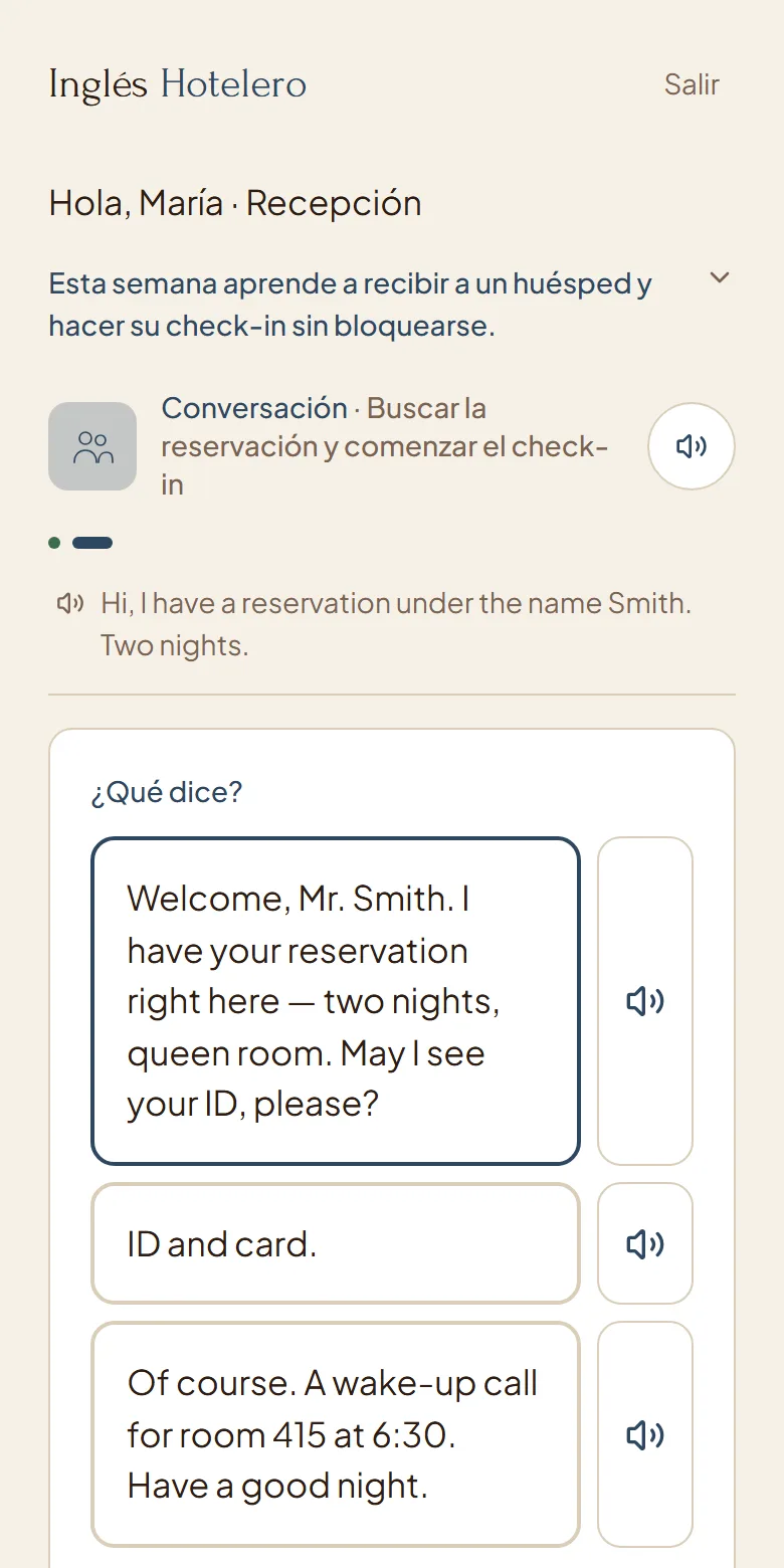 Conversation with a guest: three replies to choose from, each with its voice button