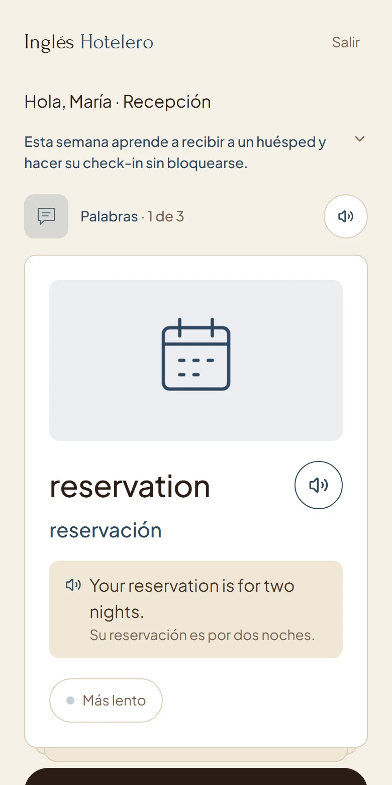 Vocabulary card with the word reservation, its drawing and the voice button