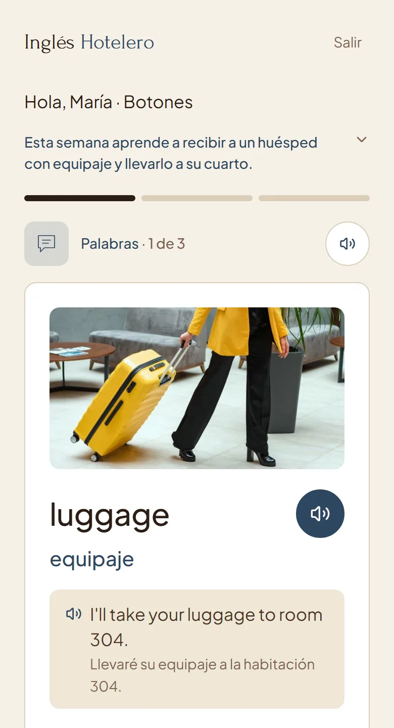 Hotel vocabulary practice card with audio